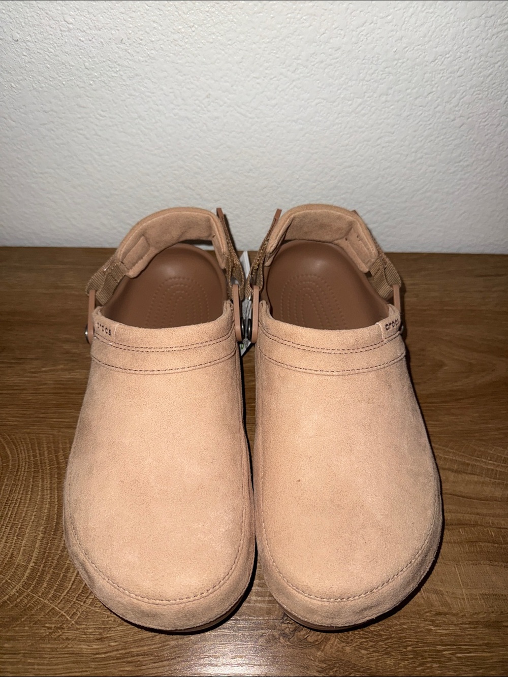 CROCS Suede Backstrap Clog in Light Tan.